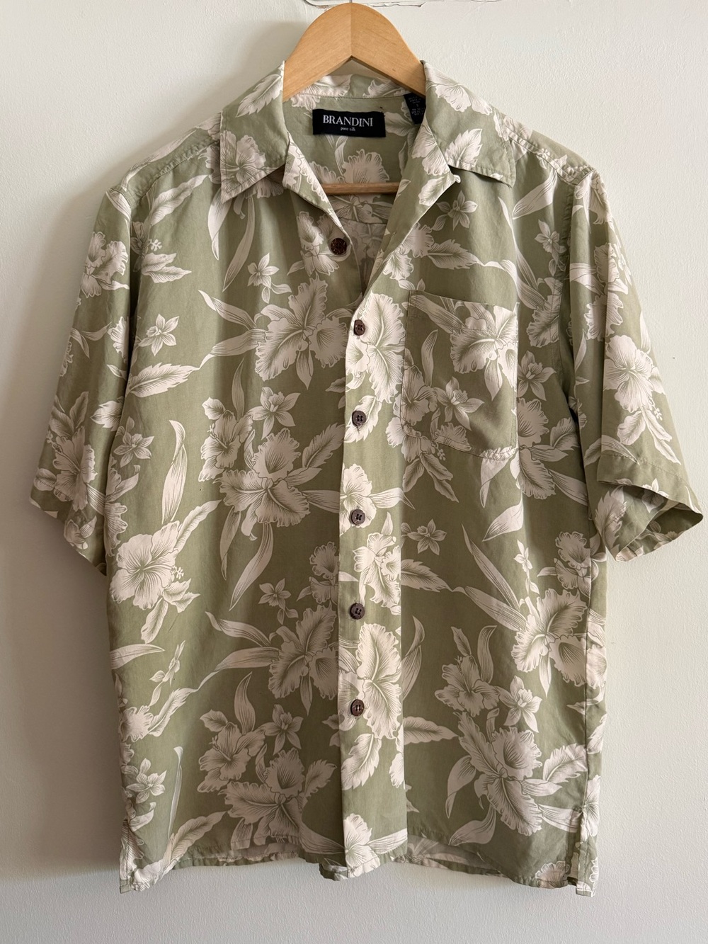 100% Silk Olive Green Floral Button-Down Shirt Luxury Hawiian Shirt Vacation S